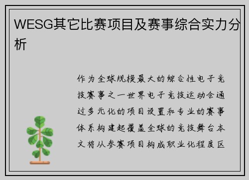 WESG其它比赛项目及赛事综合实力分析