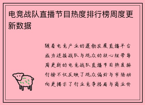 电竞战队直播节目热度排行榜周度更新数据